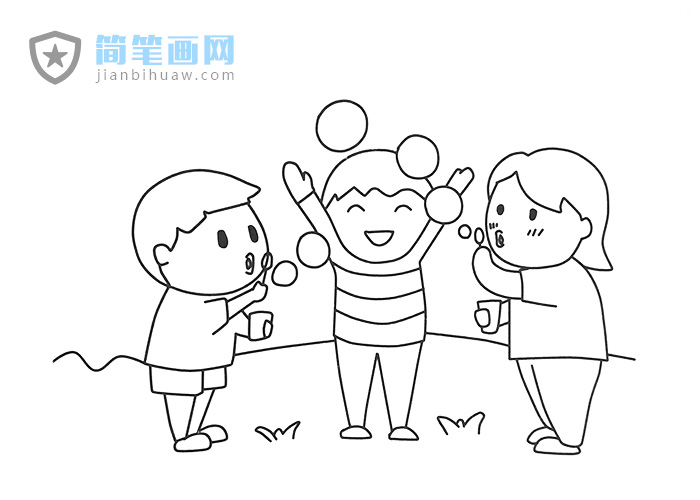 三位小朋友在玩吹泡泡游戲的簡(jiǎn)筆畫