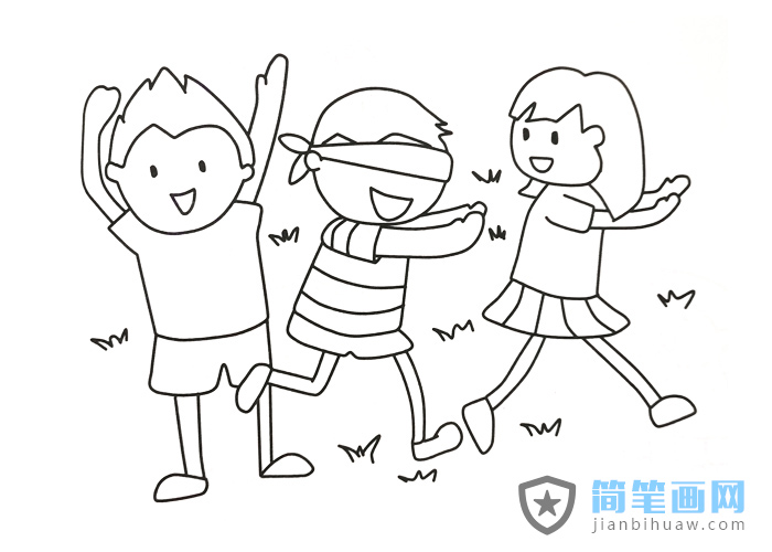 三個(gè)小朋友在玩捉迷藏游戲的簡(jiǎn)筆畫(huà)圖片