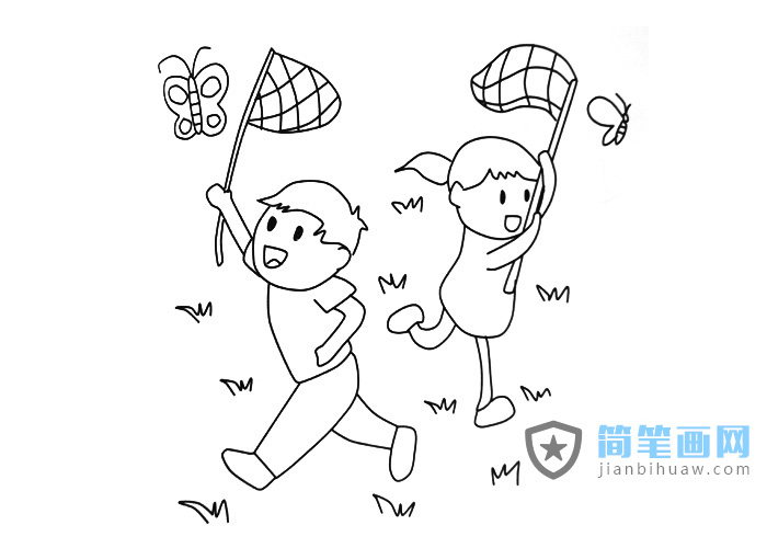兩個小孩在捉蝴蝶的簡筆畫圖片