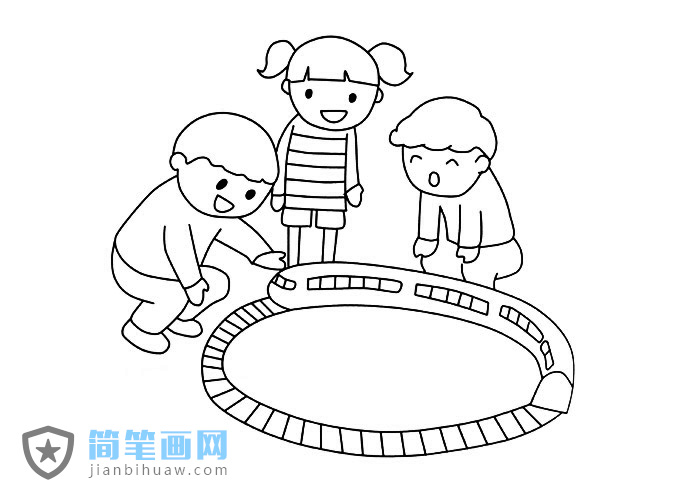 小朋友玩小火車玩具的簡筆畫圖片