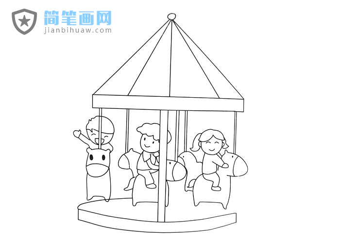 小朋友們?cè)谟螛?lè)場(chǎng)玩旋轉(zhuǎn)木馬的簡(jiǎn)筆畫圖片