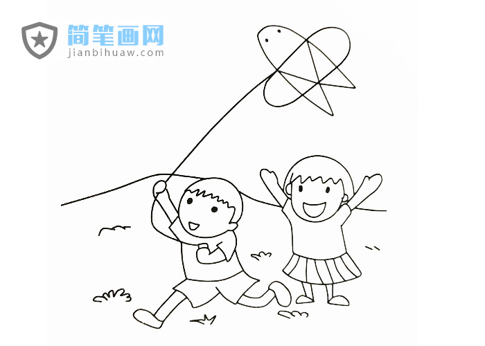 兩個小孩在放風箏的簡筆畫