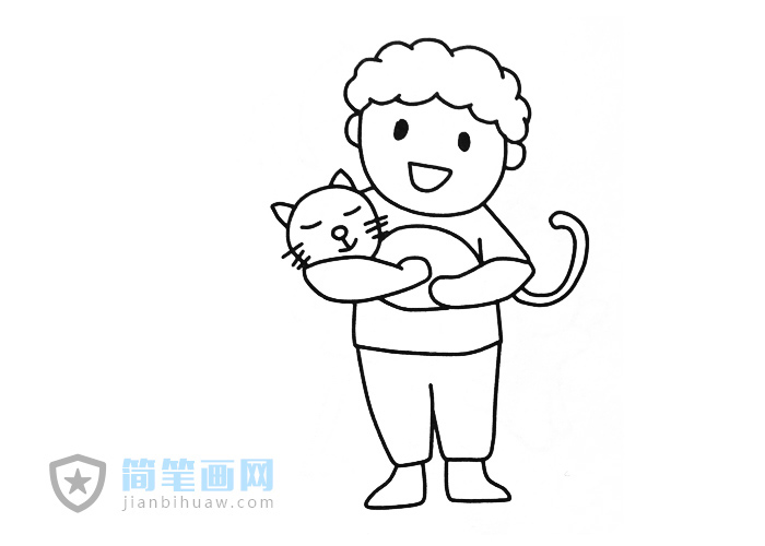 抱著貓咪的小男孩簡筆畫圖片