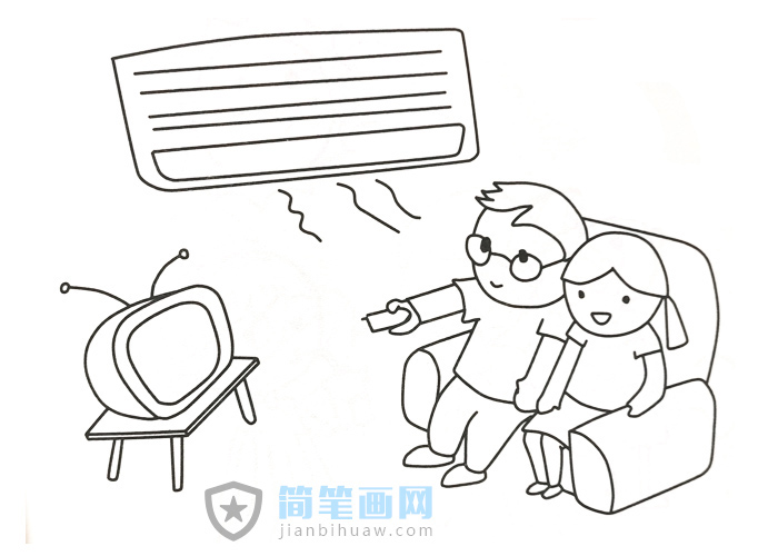 兩個小孩在家吹空調(diào)看電視的簡筆畫圖片