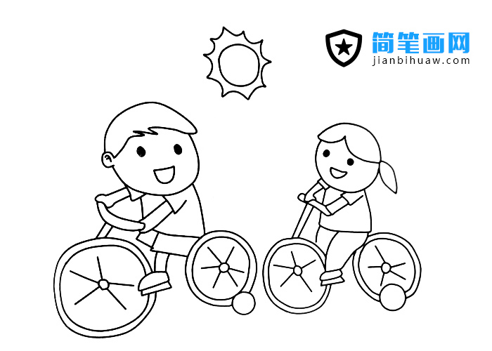 兩位小朋友騎自行車玩耍的簡筆畫圖片