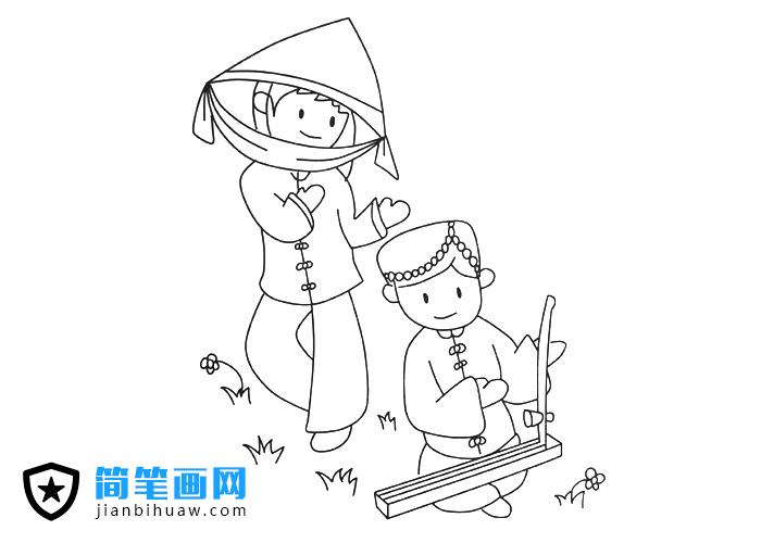 少數民族人民在一起歡歌曼舞的簡筆畫