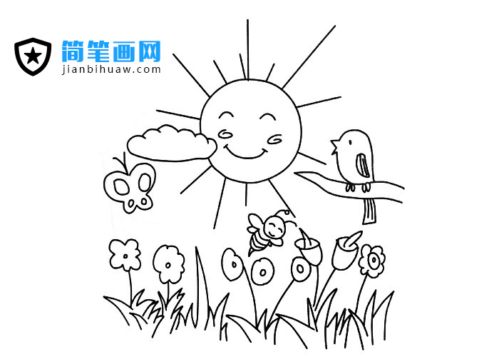 大太陽(yáng)下鳥語(yǔ)花香的美麗場(chǎng)景簡(jiǎn)筆畫