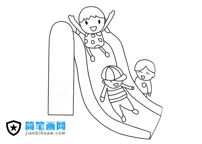 三位小朋友在玩滑滑梯的簡筆畫圖片