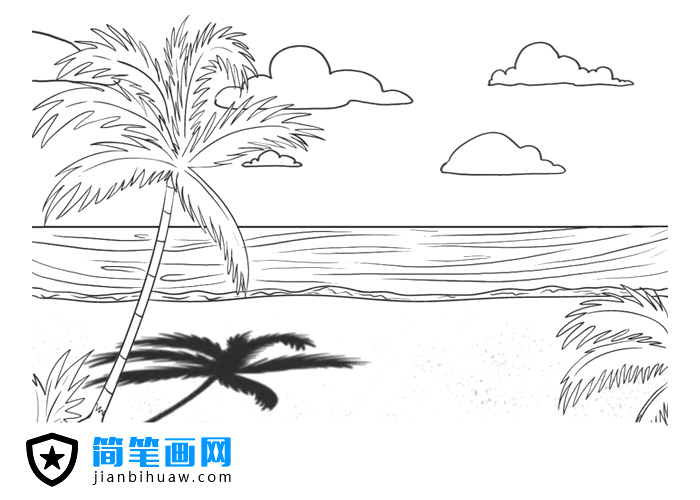 海邊沙灘椰樹(shù)簡(jiǎn)筆畫(huà)圖片