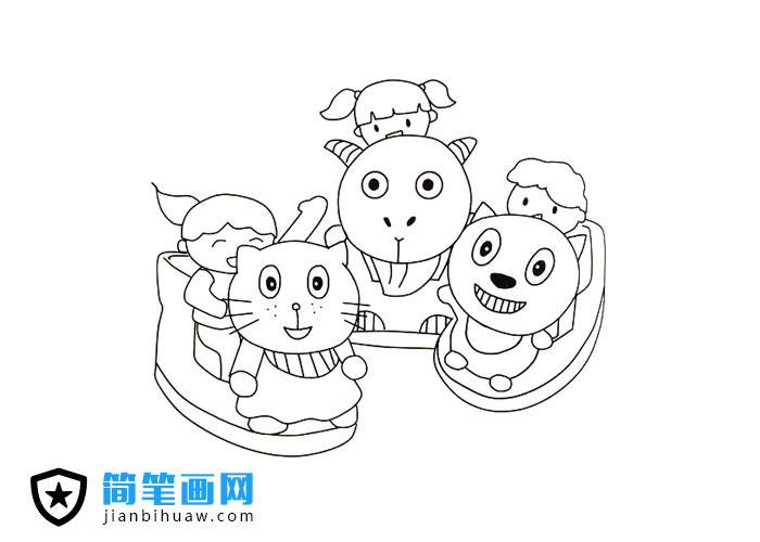 三個(gè)小孩子在玩喜洋洋搖搖車簡筆畫圖片