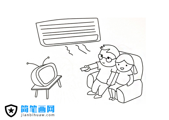 夏天小朋友們吹空調(diào)看電視的簡筆畫圖片