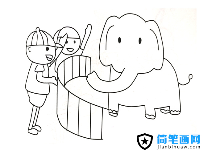 小朋友們在動物園觀看大象的簡筆畫圖片