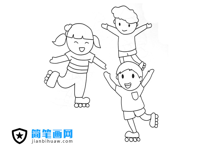 三位小朋友在玩滑輪鞋的簡(jiǎn)筆畫(huà)圖片