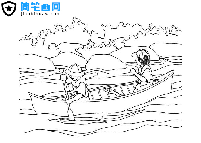 兩位探險者在野外劃船的簡筆畫圖片
