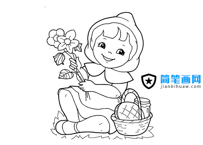 手拿花兒的小紅帽簡筆畫圖片