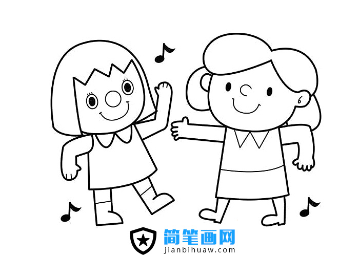 兩個小女孩在又唱又跳的簡筆畫圖片