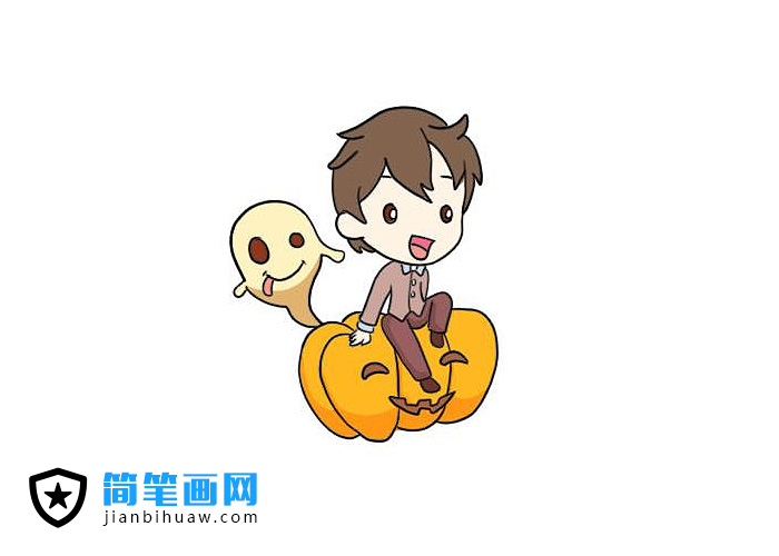 坐在萬圣節南瓜上的男孩簡筆畫圖片