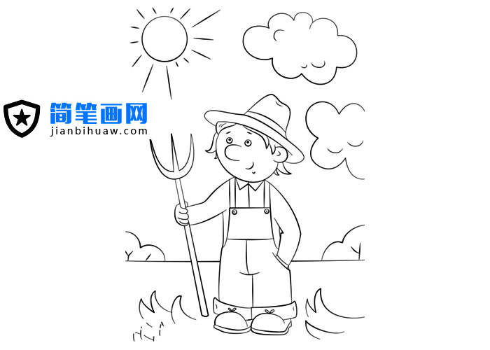 手拿叉子的農民在烈日下的勞作的簡筆畫圖片